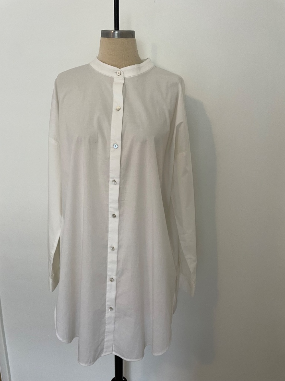 Eileen Fisher Organic Cotton Button Up White Mandarin Collar Long Shirt, Size M